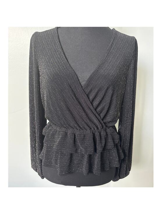 Modcloth Tops - ModCloth Layered in Luminosity Black Metallic V Neck Peplum Stretch Top Sz S NWT